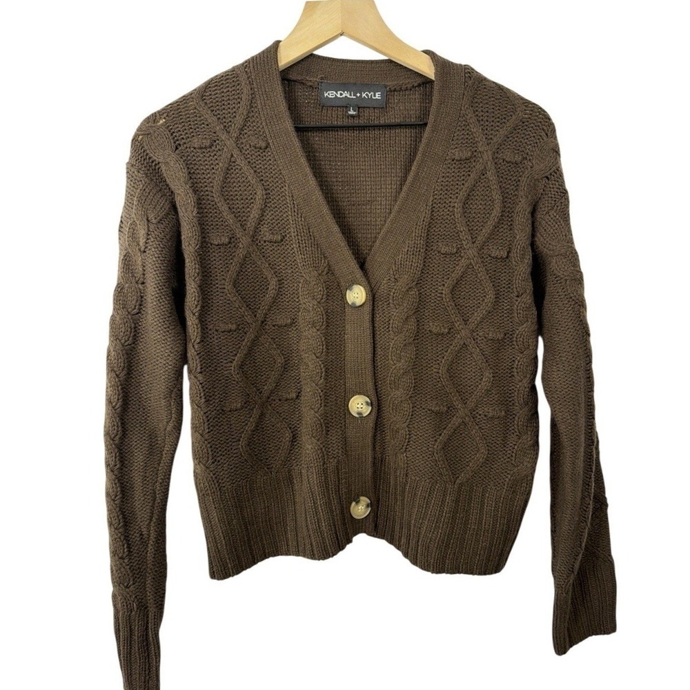 Kendall + Kylie Brown Cable Knit Cropped Cardigan Womens Large Button Front Y2K